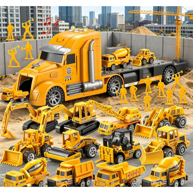JOYIN 25-in-1 Construction Truck Toy Set with 12 Vehicles & 12 Worker Figures, Push and Go Toy Trucks with Sound and Light, Construction Toys Birthday Gifts for Kids 3 4 5 6 7 Years Old