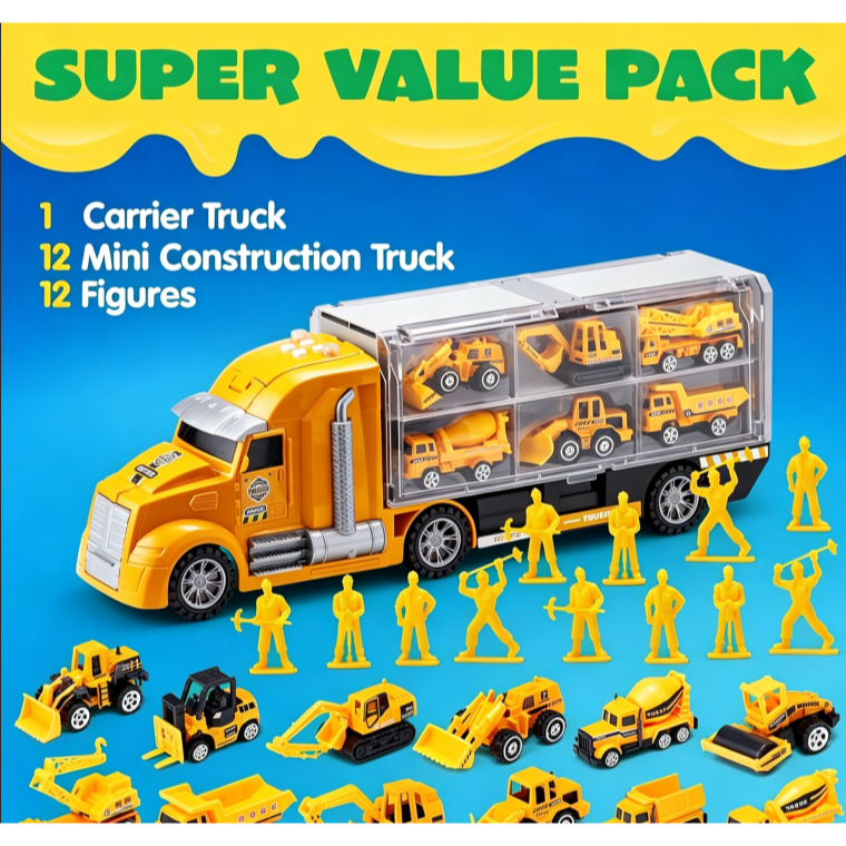 JOYIN 25-in-1 Construction Truck Toy Set with 12 Vehicles & 12 Worker Figures, Push and Go Toy Trucks with Sound and Light, Construction Toys Birthday Gifts for Kids 3 4 5 6 7 Years Old