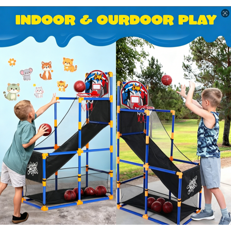 JOYIN Kids Arcade Basketball Game Set, includes 4 basketballs and hoops.