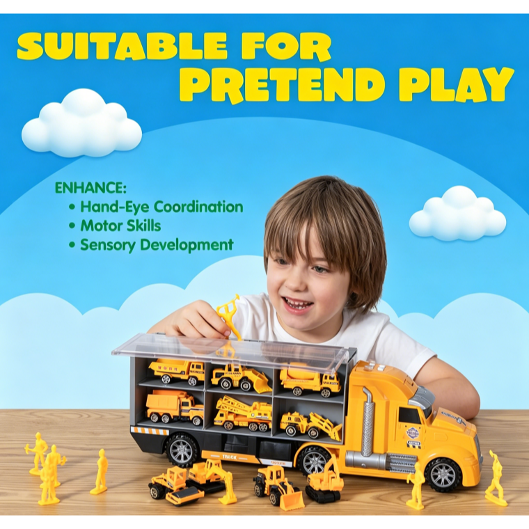 JOYIN 25-in-1 Construction Truck Toy Set with 12 Vehicles & 12 Worker Figures, Push and Go Toy Trucks with Sound and Light, Construction Toys Birthday Gifts for Kids 3 4 5 6 7 Years Old
