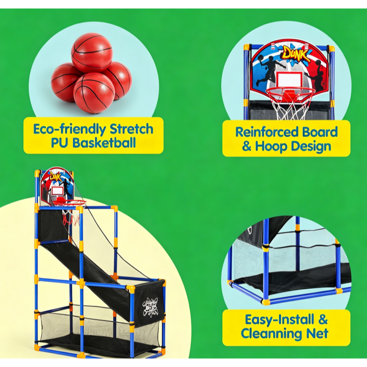 JOYIN Kids Arcade Basketball Game Set, includes 4 basketballs and hoops.