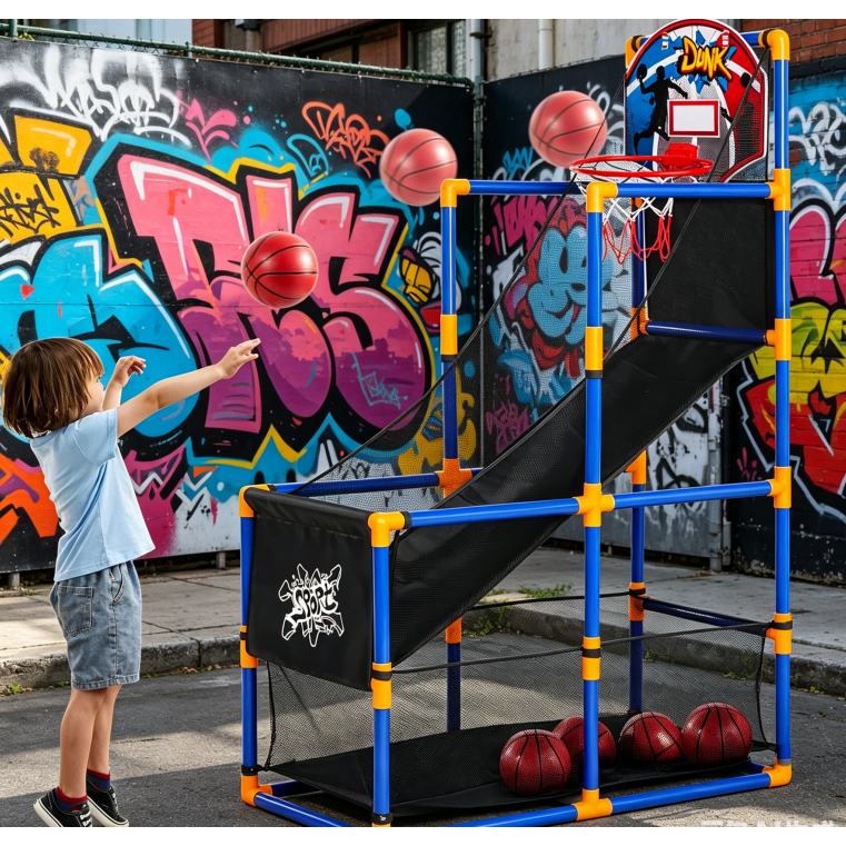 JOYIN Kids Arcade Basketball Game Set, includes 4 basketballs and hoops.